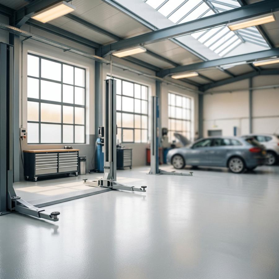 Helle moderne Werkstatt mit Tageslicht Helle, moderne Kfz-Werkstatt mit Tageslicht, Hebebühne und großen Fenstern