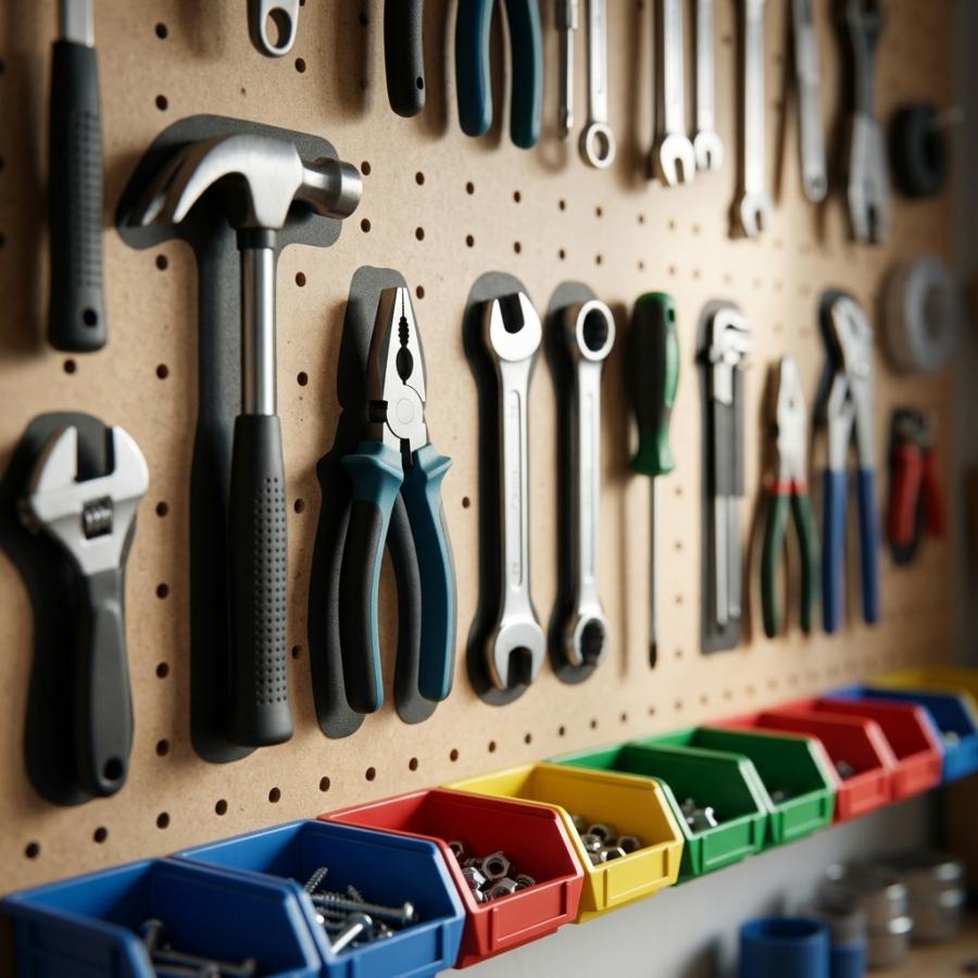 Ordnung an der Werkzeugwand Übersichtlich organisierte Werkzeugwand in der Werkstatt