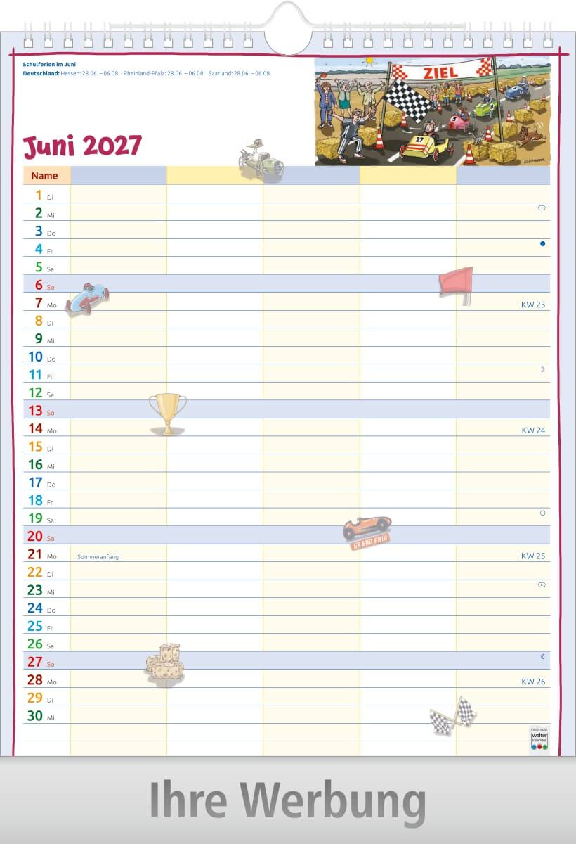Bildkalender Familienplaner mit Wire-O Bindung, Ausgabe 2027 Monat Juni