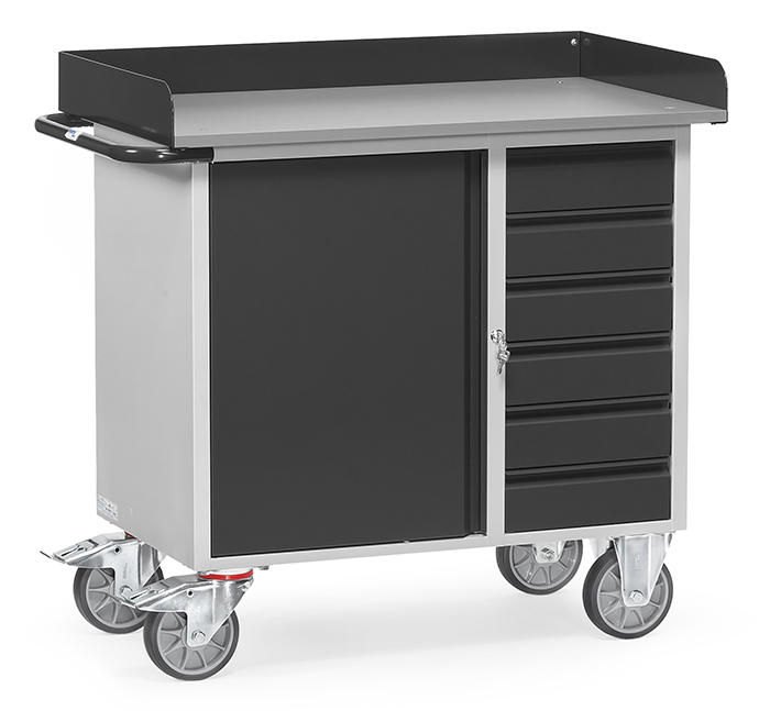 Fetra Werkstattwagen Ladefläche 985 x 590 mm mit Abrollrand Grau 1 Schrank 6 Schubladen