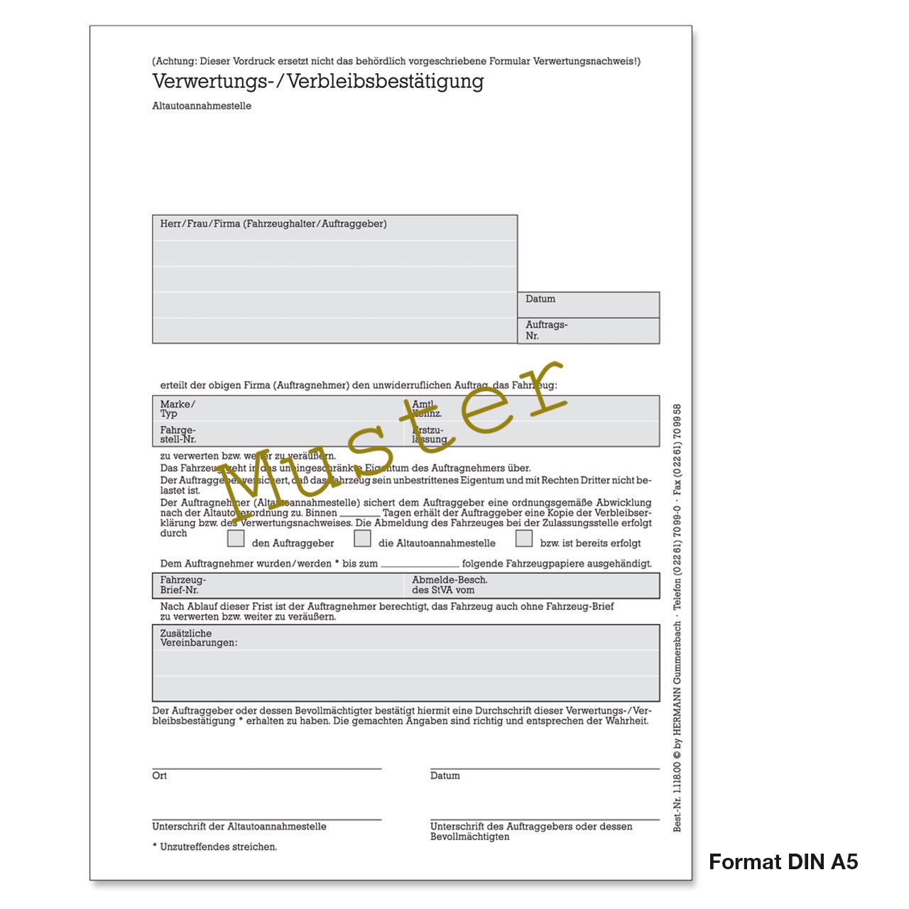 Vorschau: Verwertungs- und Verbleibsbestätigung, DIN A5