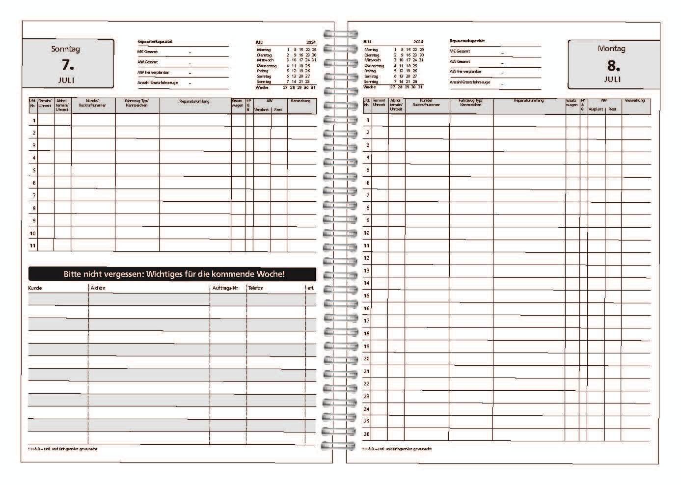 Vorschau: Werkstatt Terminkalender für die Fahrzeugannahme im Service und der Reparatur DIN A4 Format
