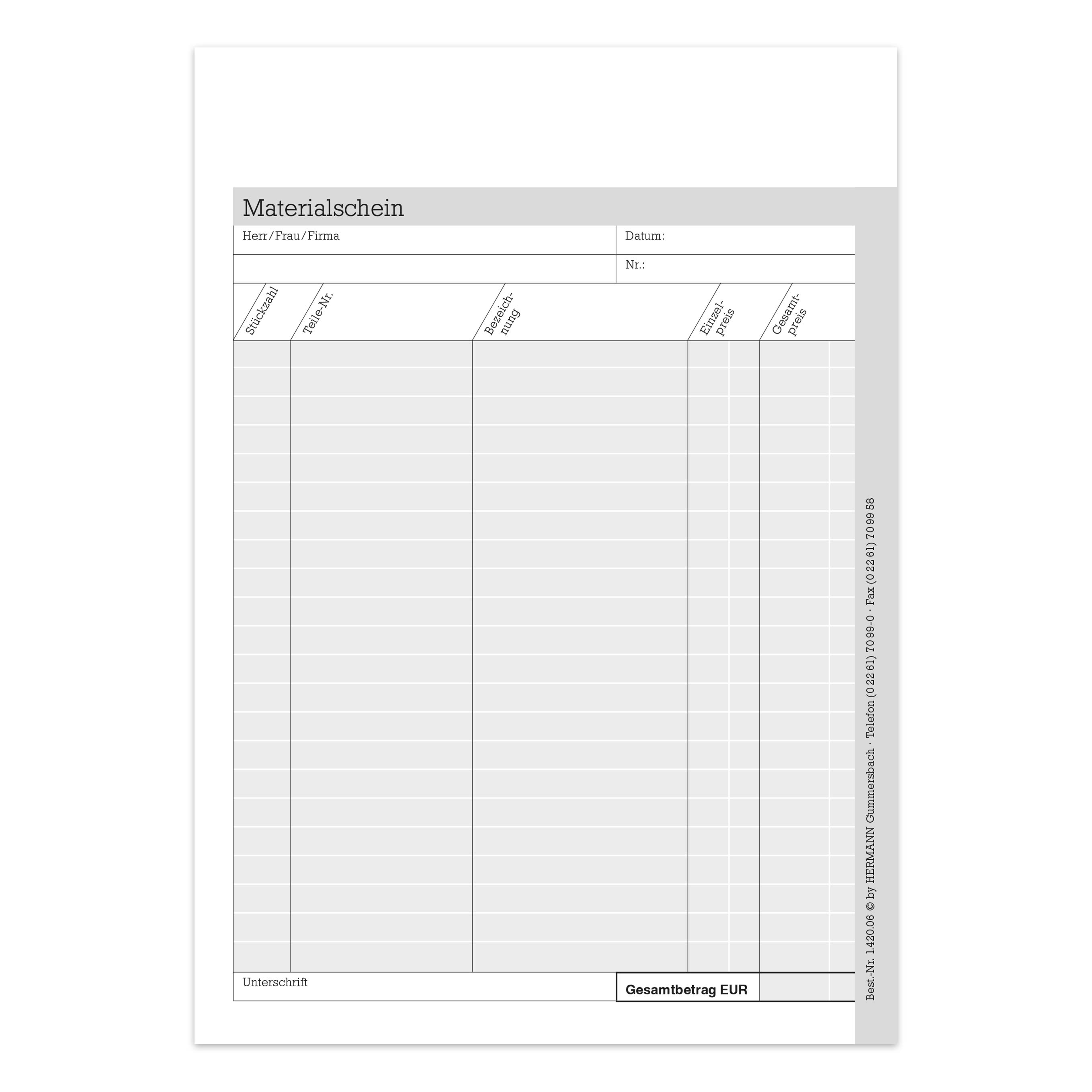 Vorschau: Materialschein, DIN A5 Hochformat