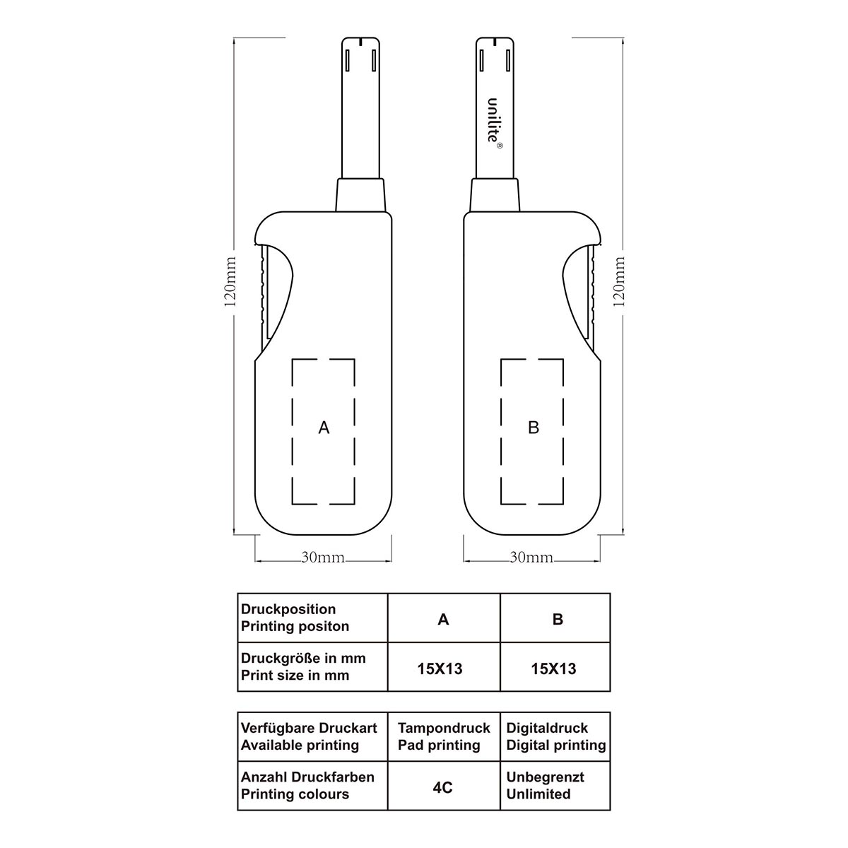 unilite® BRUSSELS 43 Stabfeuerzeug Skizze
