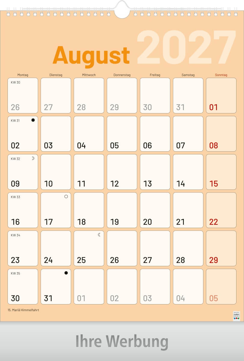 1-Monatsplaner mit Wire-O Bindung, Ausgabe 2027 Monat August