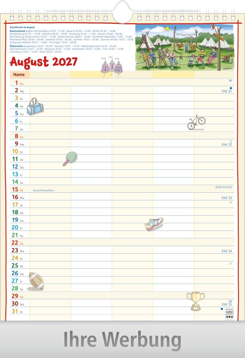 Bildkalender Familienplaner mit Wire-O Bindung, Ausgabe 2027 Monat August