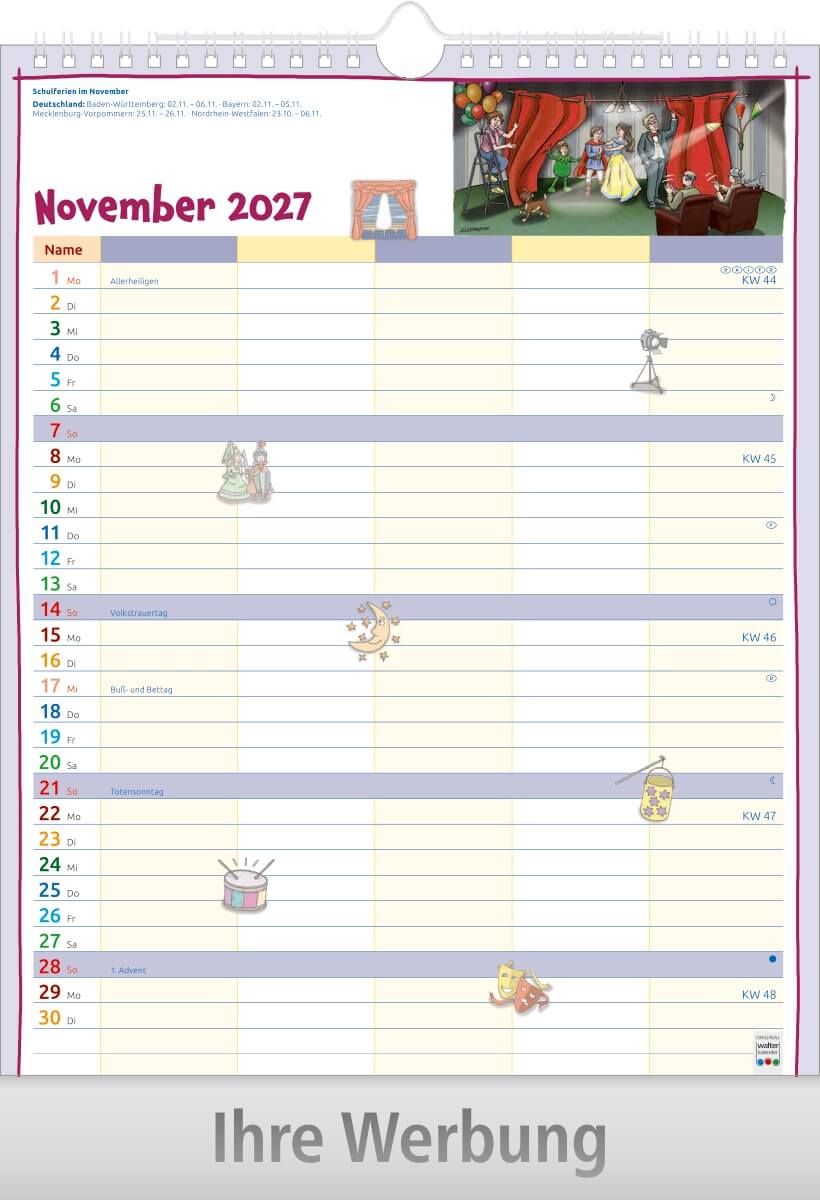 Bildkalender Familienplaner mit Wire-O Bindung, Ausgabe 2027 Monat November