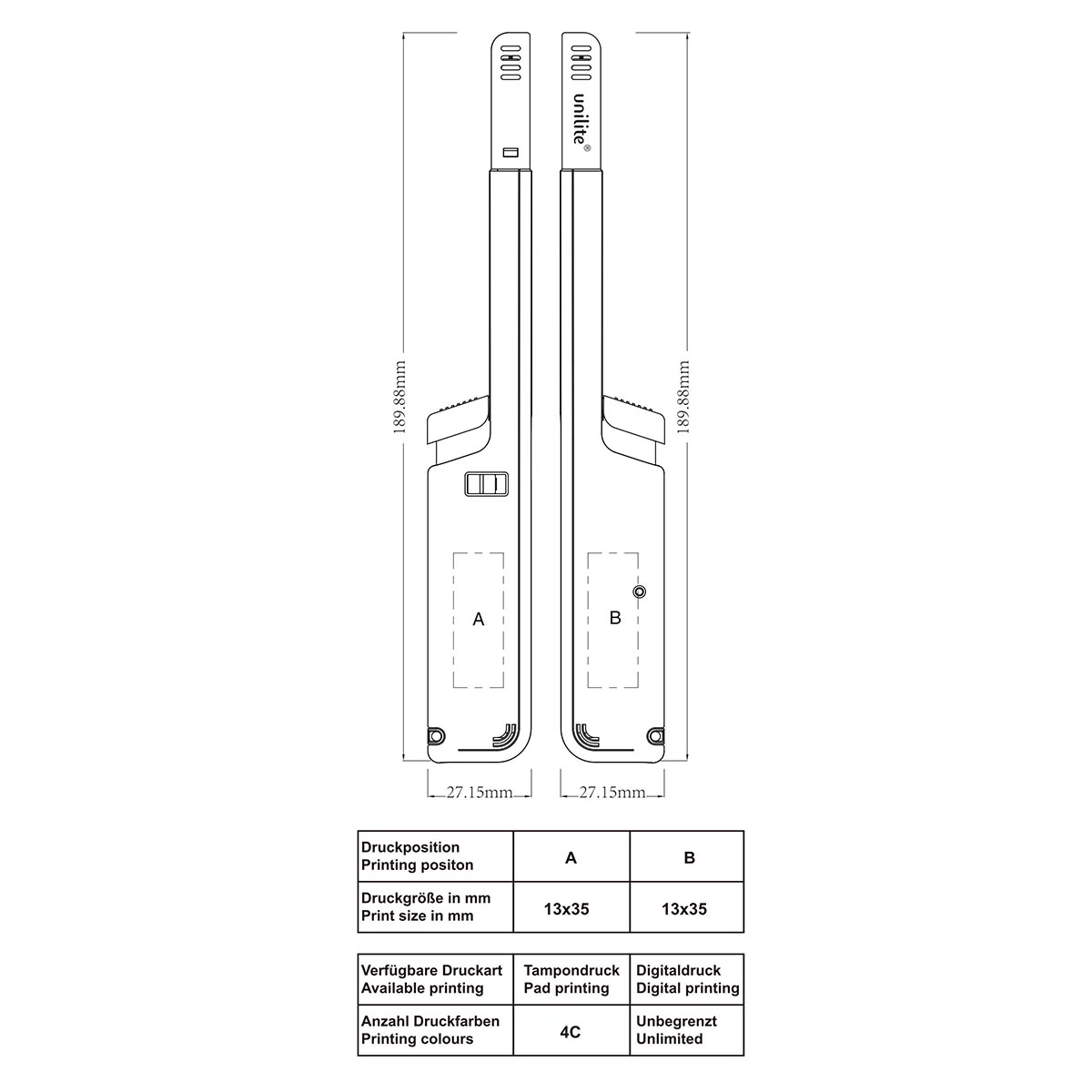 unilite® PRAGUE 43 Stabfeuerzeug Skizze