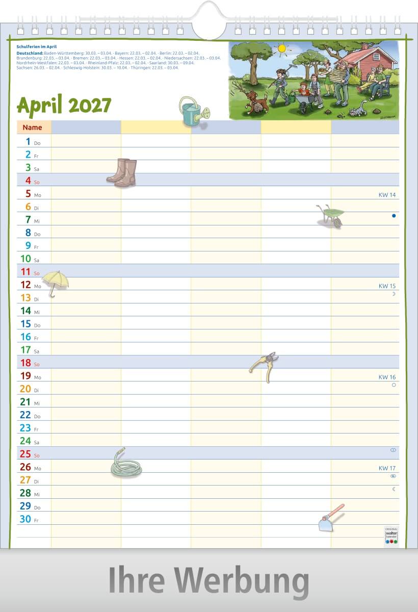 Bildkalender Familienplaner mit Wire-O Bindung, Ausgabe 2027 Monat April