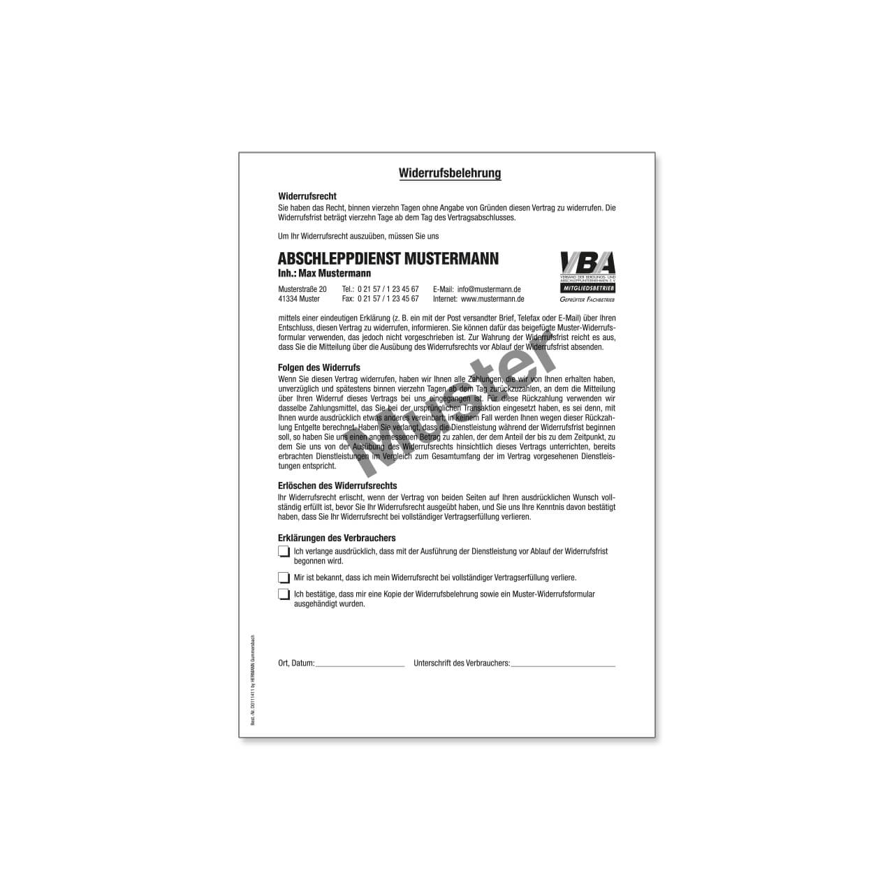 Widerrufsbelehrug Abschleppdienst DIN A4 Hauptblatt
