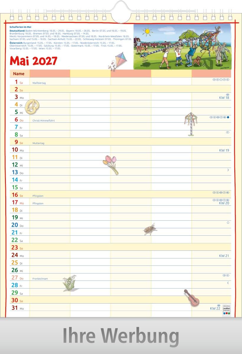 Bildkalender Familienplaner mit Wire-O Bindung, Ausgabe 2027 Monat Mai