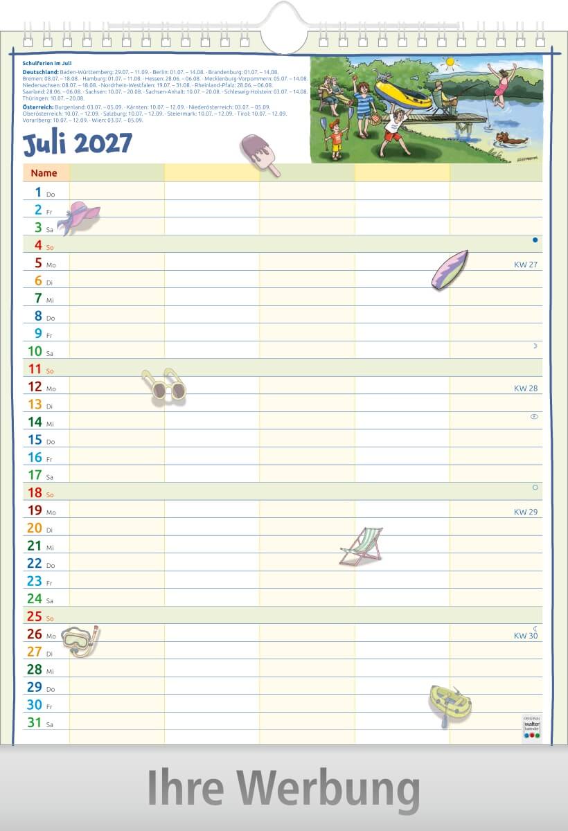 Bildkalender Familienplaner mit Wire-O Bindung, Ausgabe 2027 Monat Juli