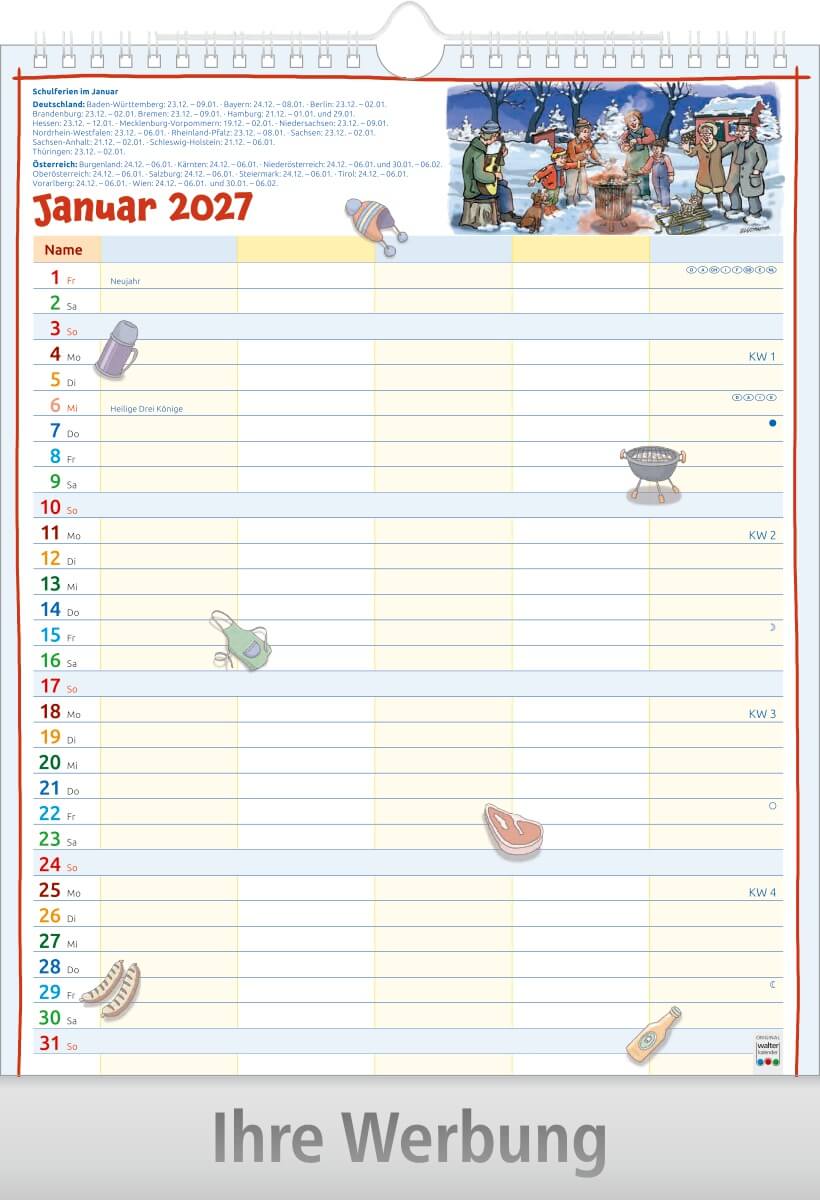 Bildkalender Familienplaner mit Wire-O Bindung, Ausgabe 2027 Monat Januar