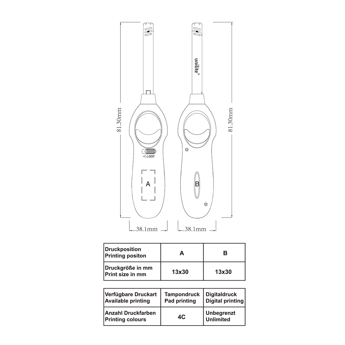 unilite® LUXEMBOURG NT 01 Stabfeuerzeug Skizze