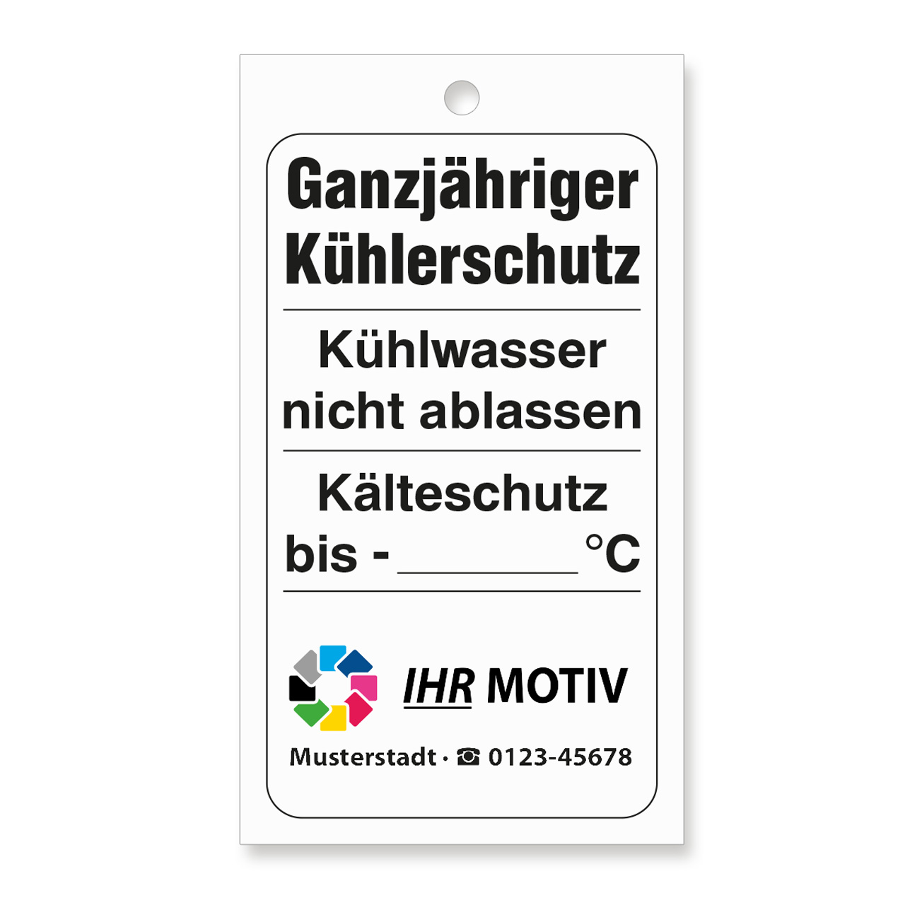 Vorschau: Kühlwasser-Anhänger, Größe 50 x 90 mm, mit Firmeneindruck