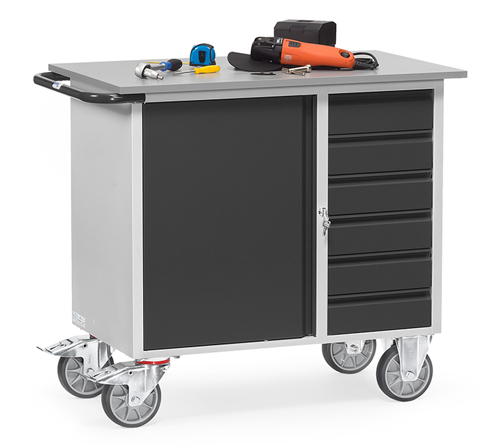 Fetra Werkstattwagen Ladefläche 985 x 590 mm Grau 1 Schrank 6 Schubladen beladen