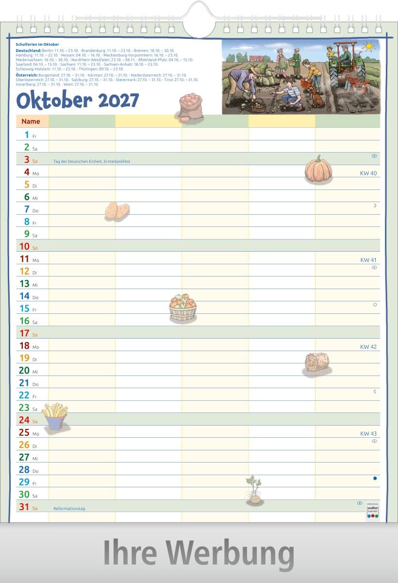 Bildkalender Familienplaner mit Wire-O Bindung, Ausgabe 2027 Monat Oktober