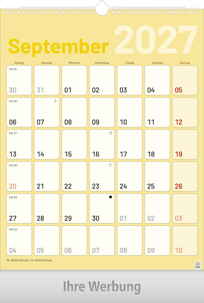 1-Monatsplaner mit Wire-O Bindung, Ausgabe 2027 Monat September