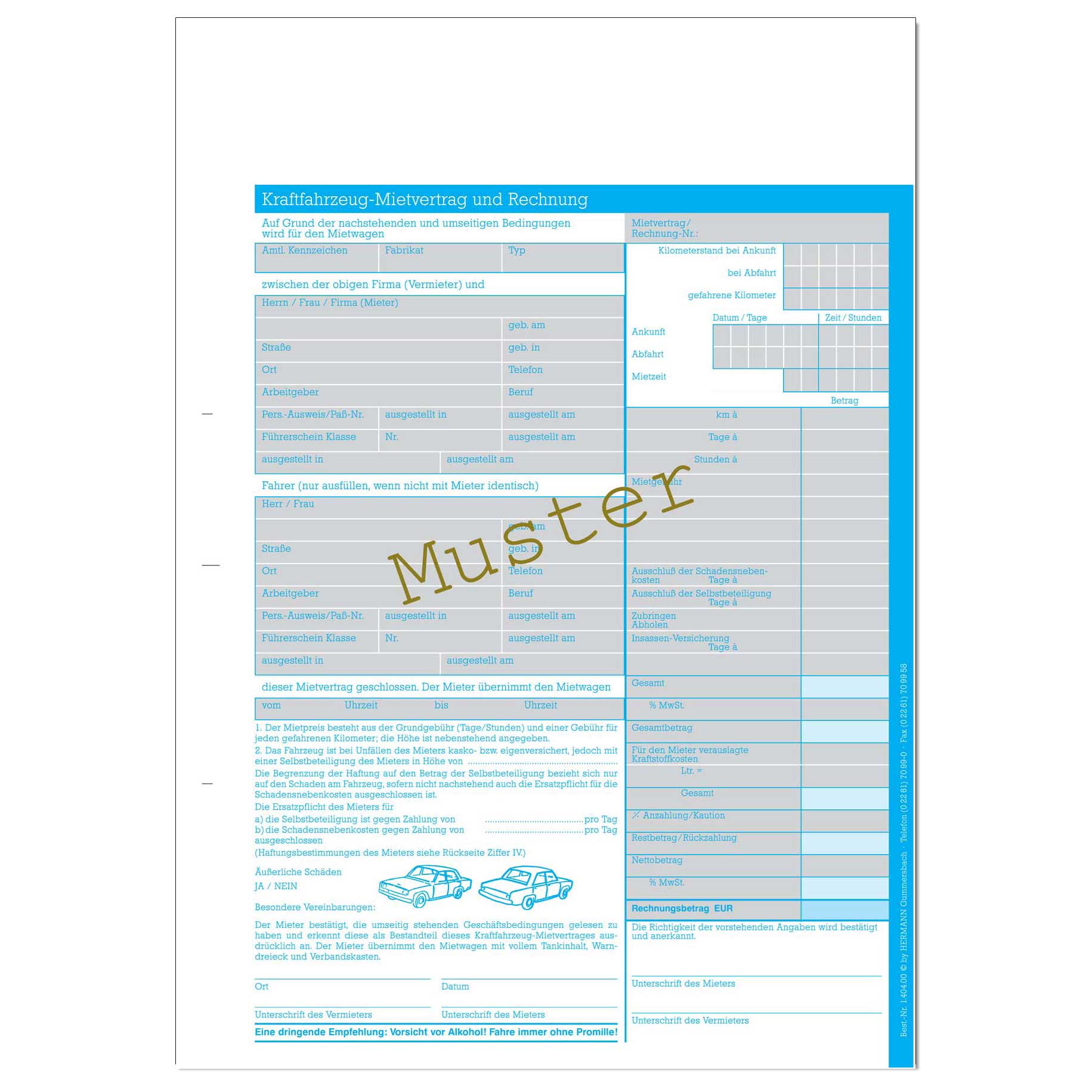 Vorschau: KFZ Mietvertrag und Rechnung. Formular im Format DIN A4