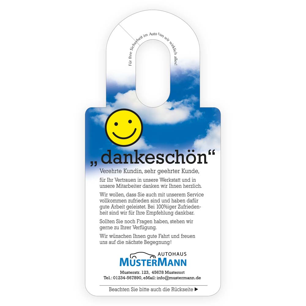 Vorschau: Spiegelanhänger Danke-Sticker, Standard-Rückseite, Firmeneindruck mehrfarbig