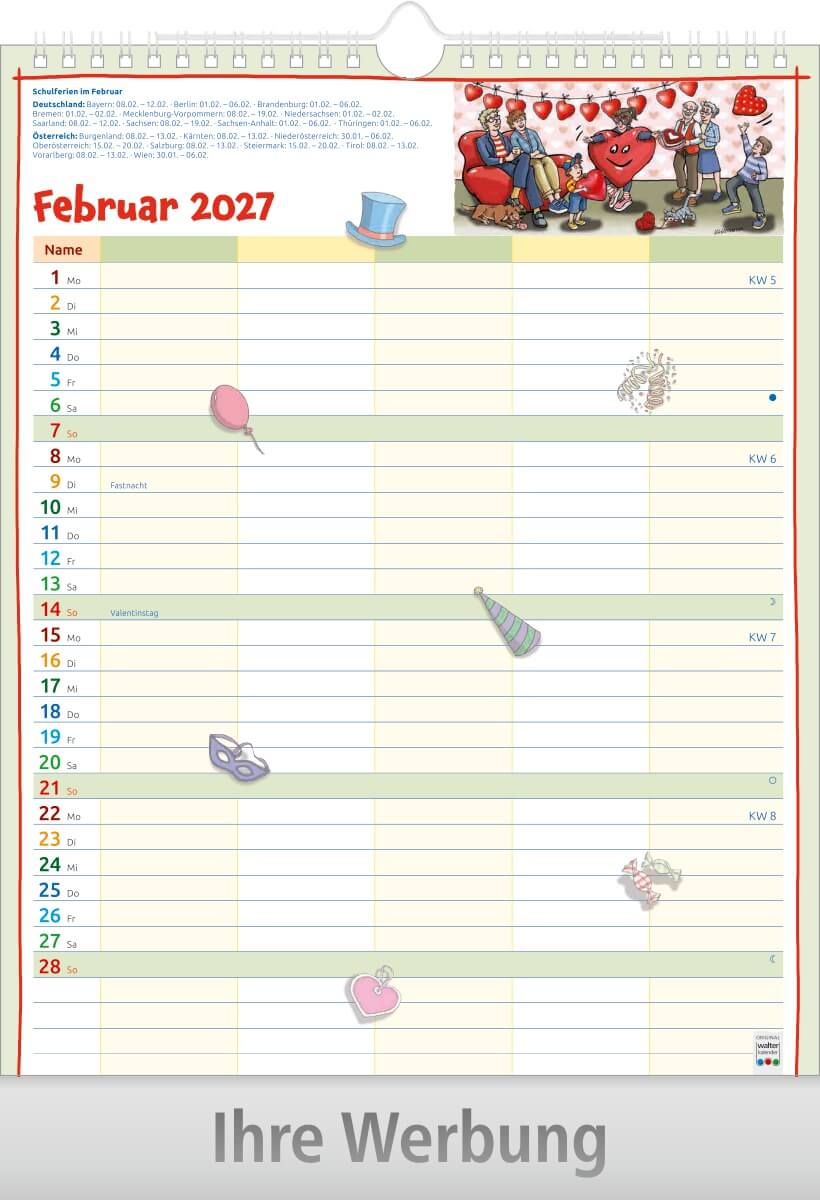 Bildkalender Familienplaner mit Wire-O Bindung, Ausgabe 2027 Monat Februar