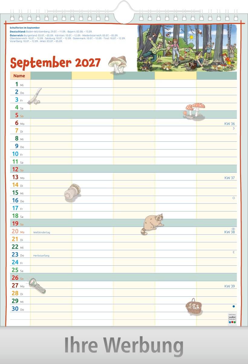 Bildkalender Familienplaner mit Wire-O Bindung, Ausgabe 2027 Monat September