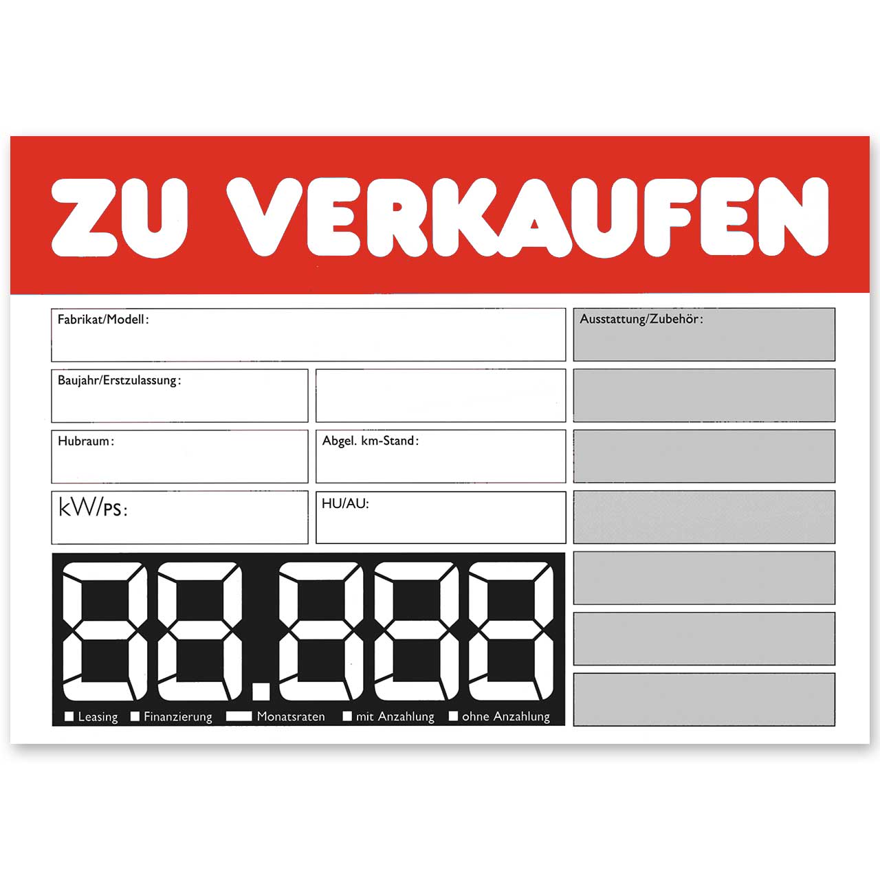 Vorschau: KFZ Verkaufsschild DIN A4 ZU VERKAUFEN, mit LCD-Preisfeld