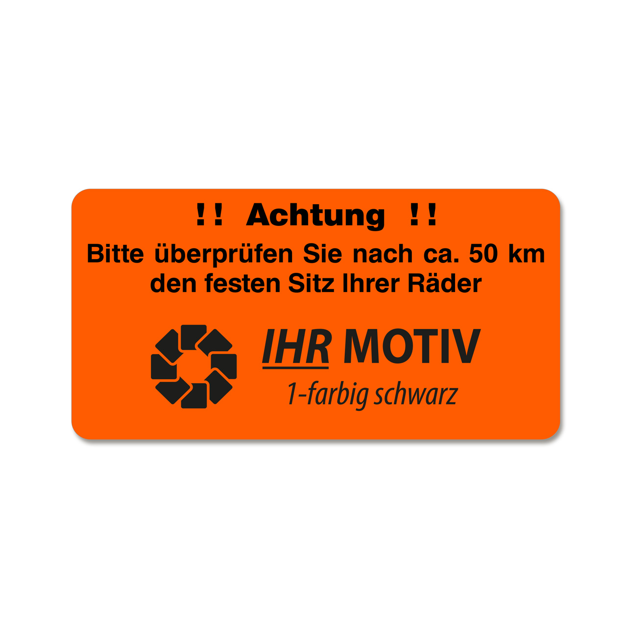 Vorschau: Hinweis-Etiketten Radschrauben prüfen aus Papier, Leuchtfarbe, mit Firmeneindruck