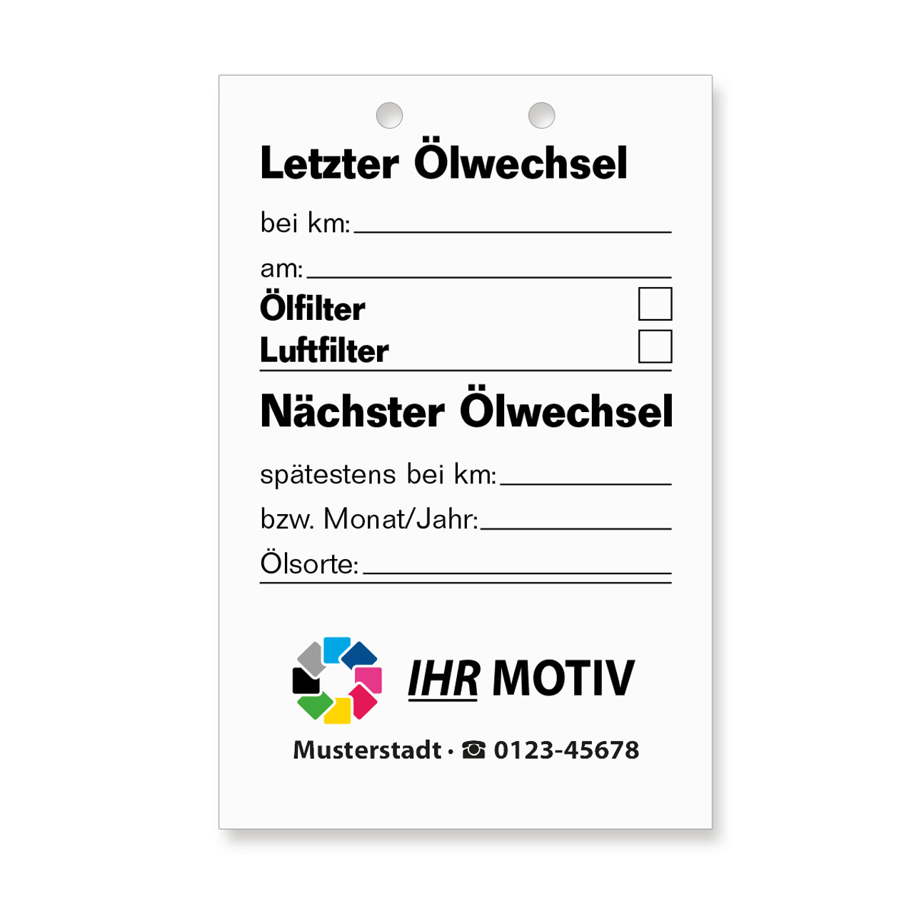 Vorschau: Ölwechsel-Anhänger, Größe 55 x 85 mm, mit Firmeneindruck