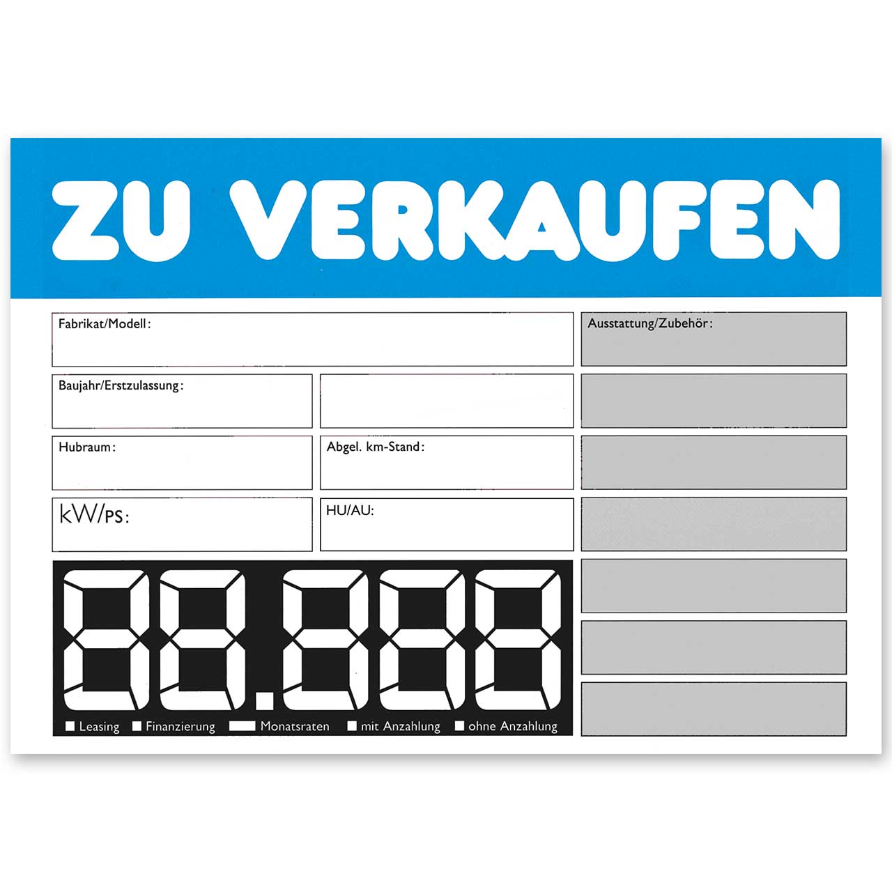 Vorschau: KFZ Verkaufsschild DIN A3 ZU VERKAUFEN, mit LCD-Preisfeld