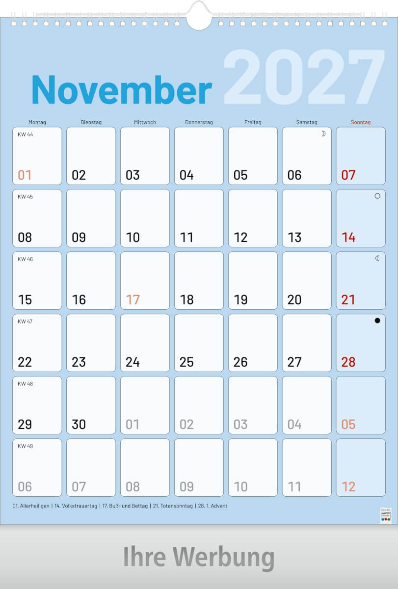 1-Monatsplaner mit Wire-O Bindung, Ausgabe 2027 Monat November