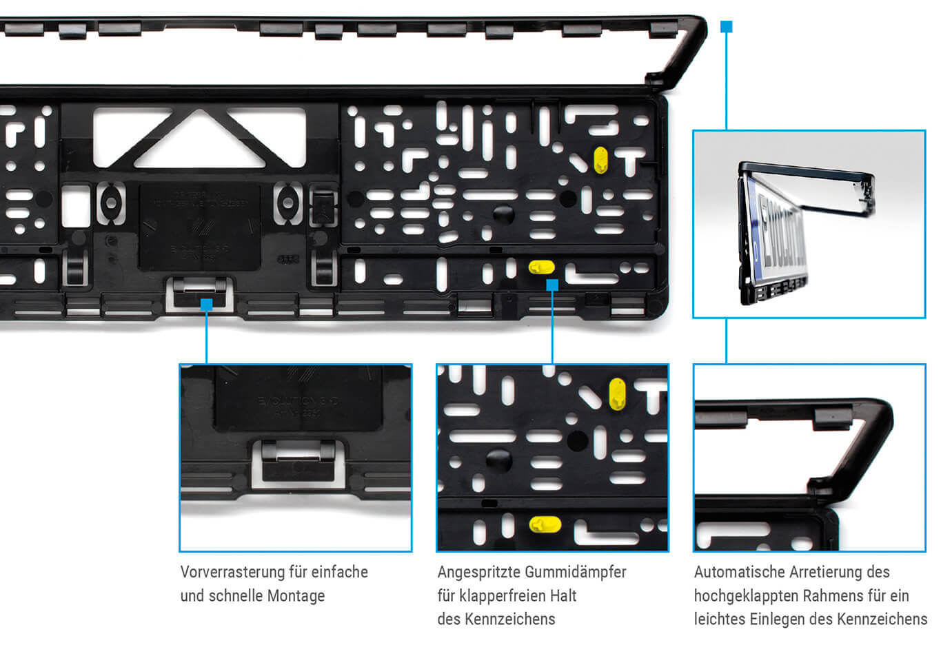 Kennzeichenhalter mit Klapprahmen EVOLUTION 3 schwarz 520 mm Details