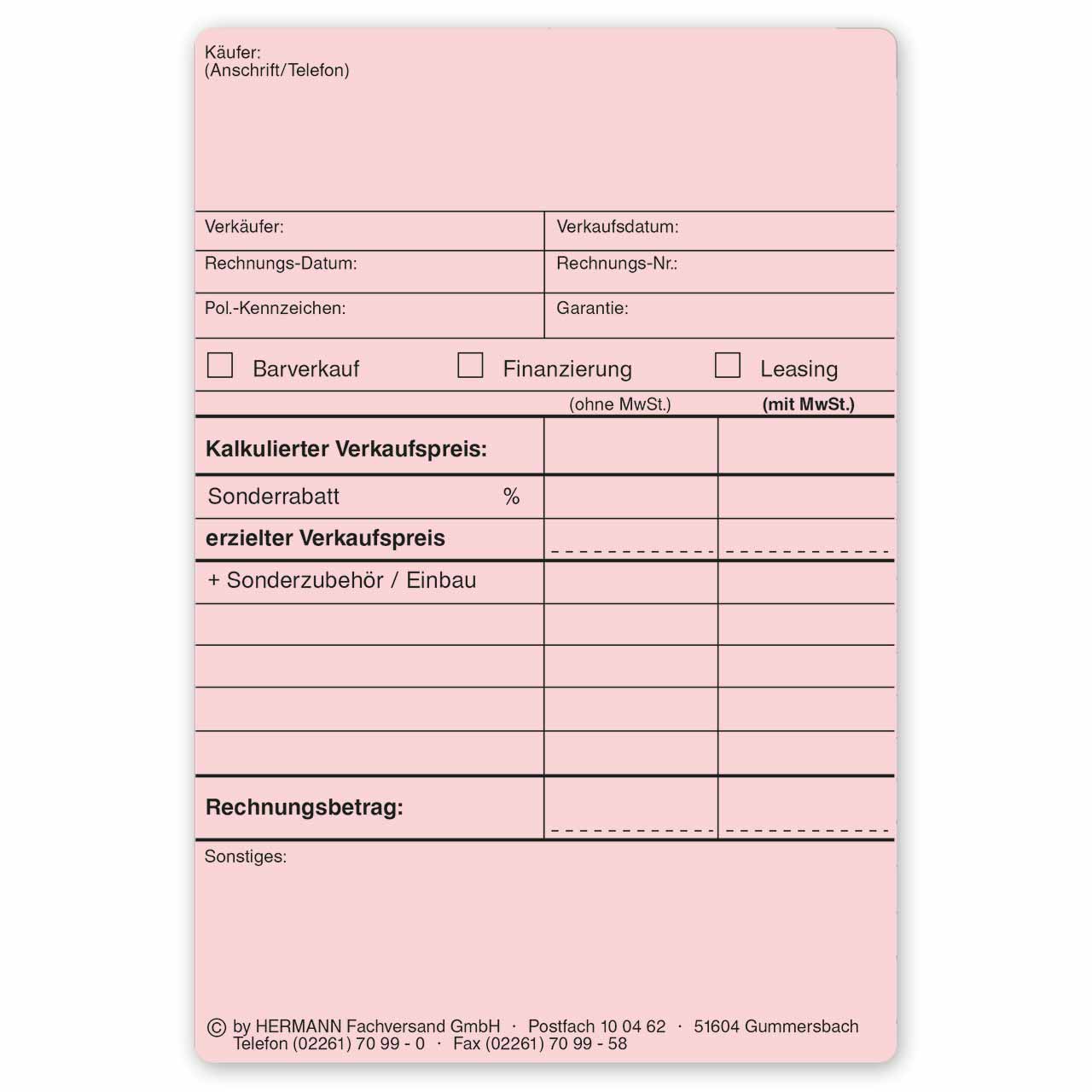 Dispositionskarten für Neuwagen, Rückseite
