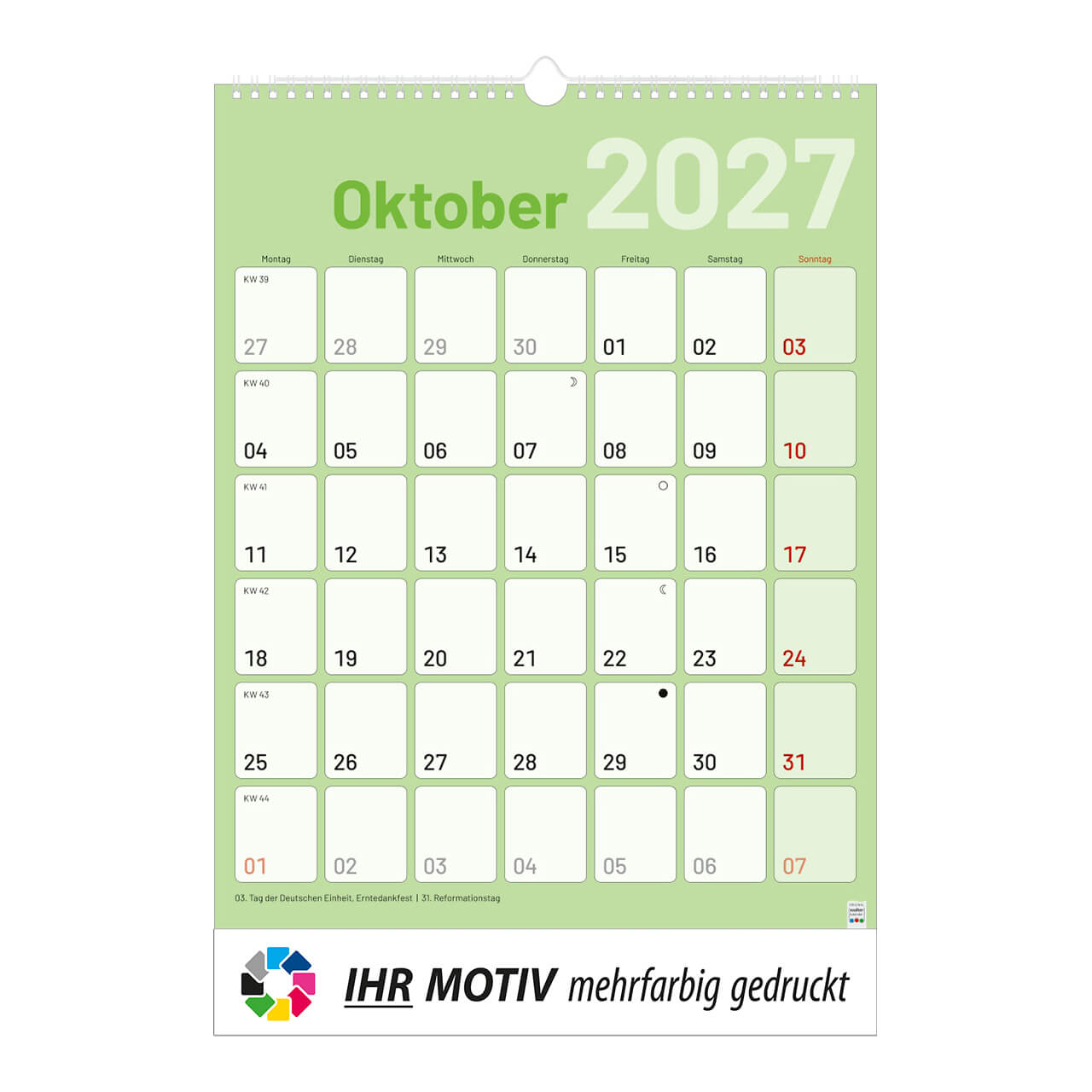 1-Monatsplaner mit Wire-O Bindung, Ausgabe 2027 Monat Oktober