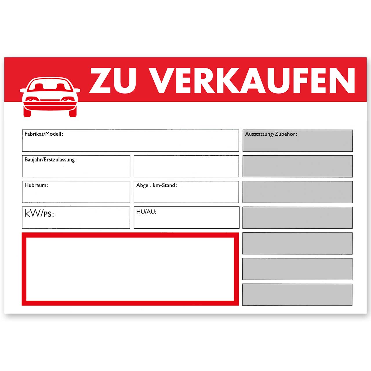 Vorschau: KFZ Verkaufsschild DIN A4 ZU VERKAUFEN, mit Universal-Preisfeld