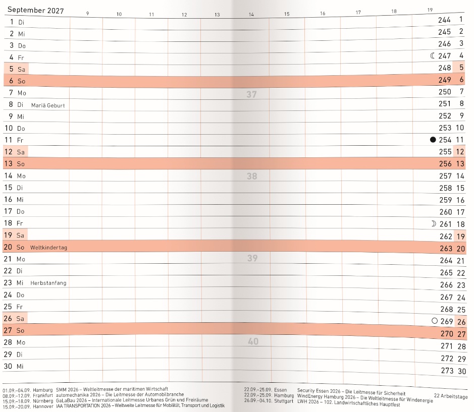 Taschen Monatskalender Mohnblume, Ausgabe 2027 Kalendarium rot