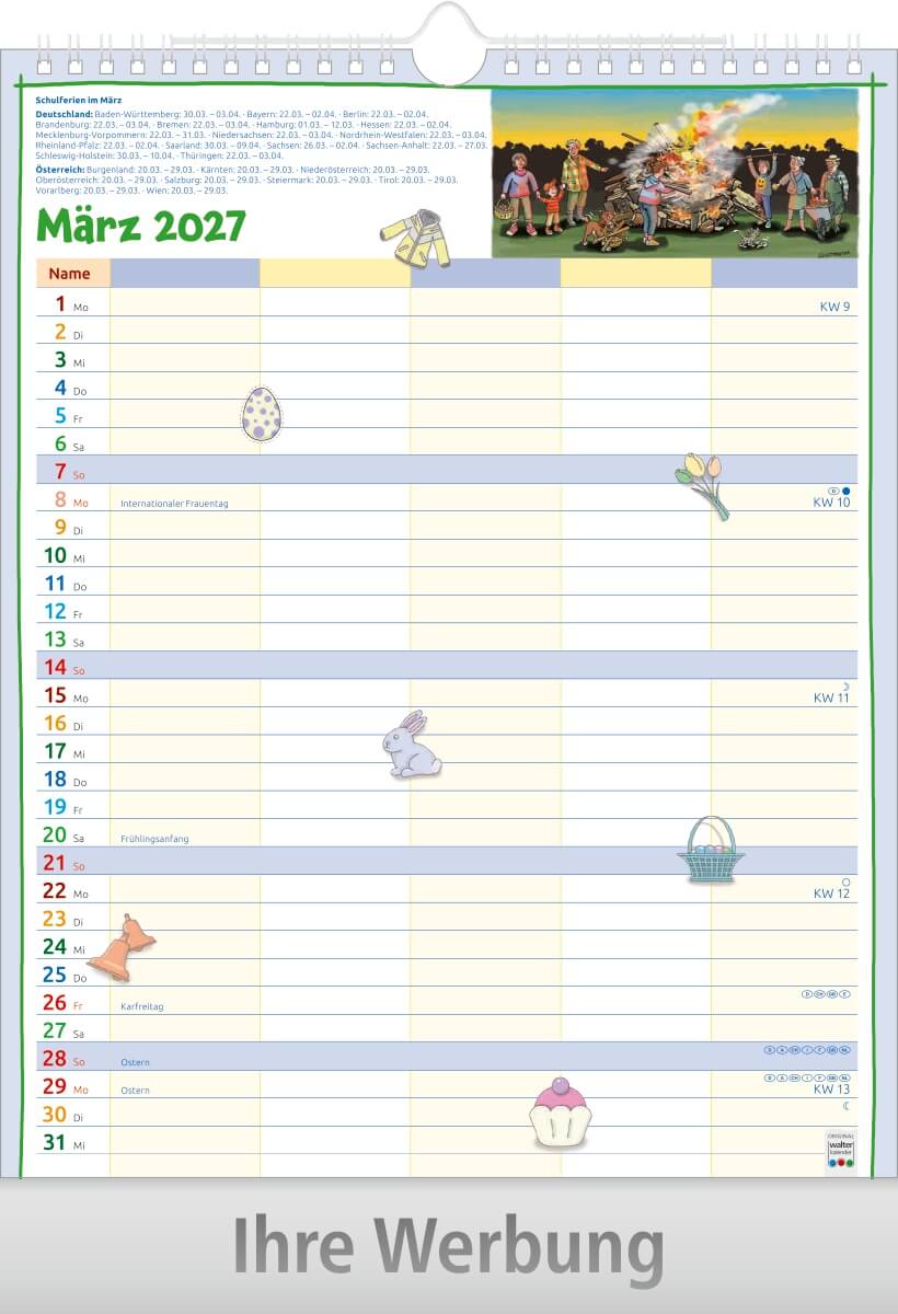 Bildkalender Familienplaner mit Wire-O Bindung, Ausgabe 2027 Monat März