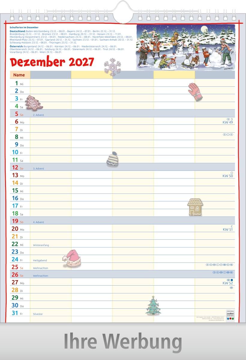 Bildkalender Familienplaner mit Wire-O Bindung, Ausgabe 2027 Monat Dezember