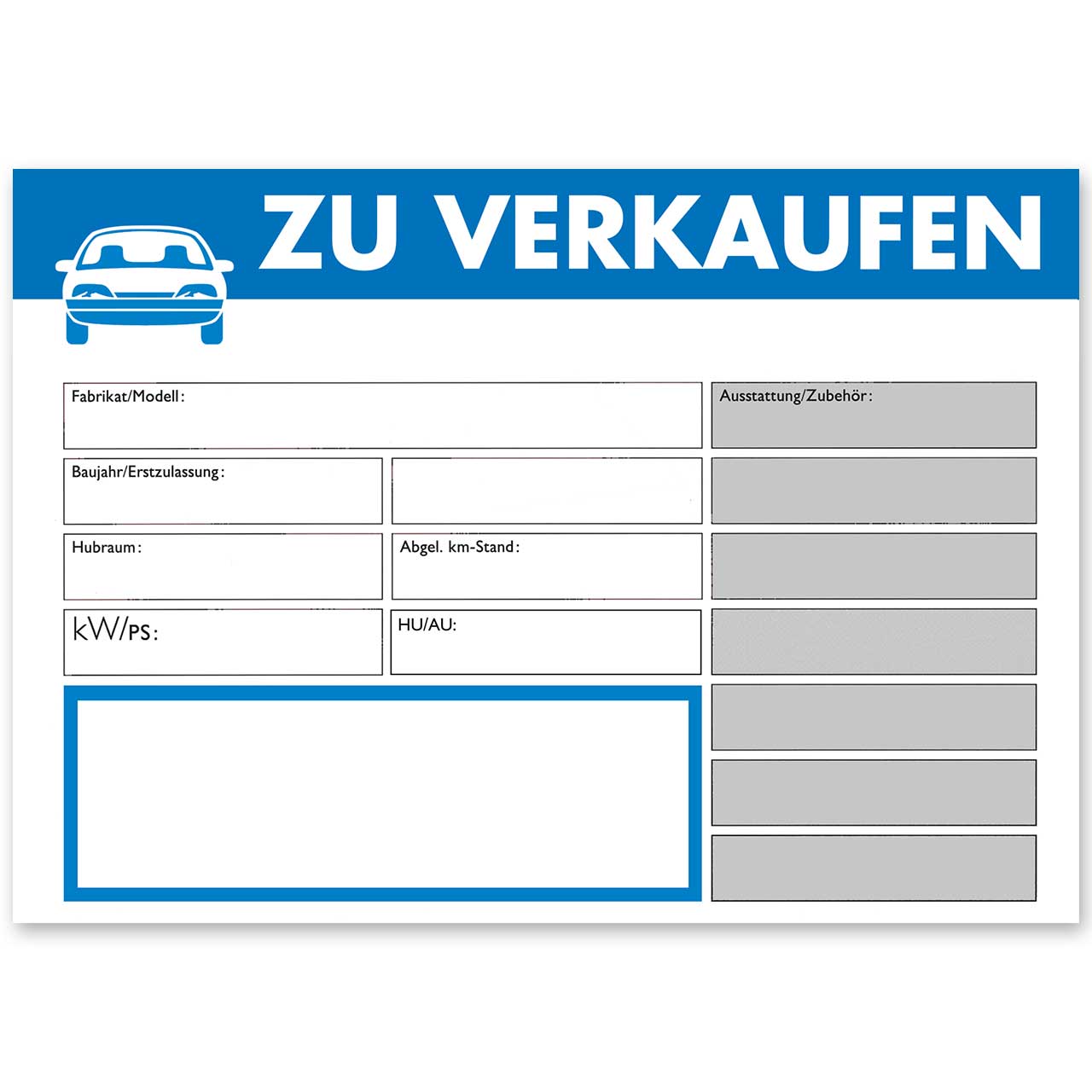 Vorschau: KFZ Verkaufsschild DIN A4 ZU VERKAUFEN, mit Universal-Preisfeld