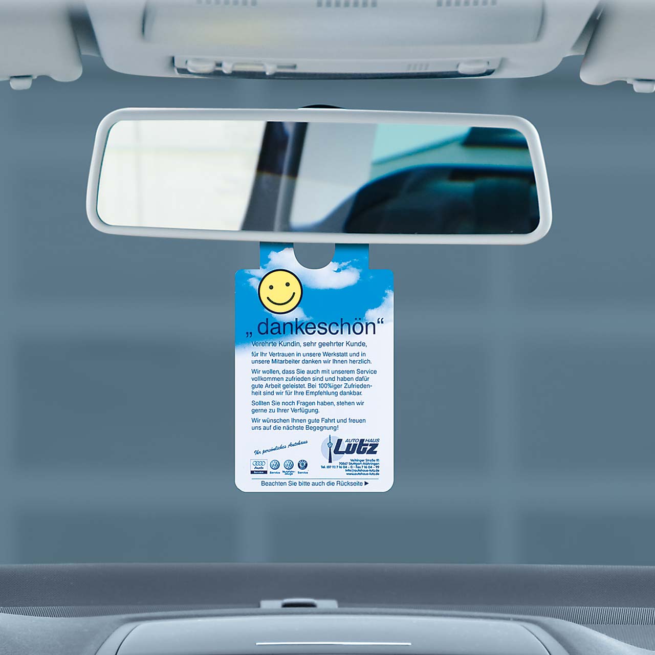 Vorschau: Spiegelanhänger Danke-Sticker, Standard-Rückseite, Firmeneindruck mehrfarbig