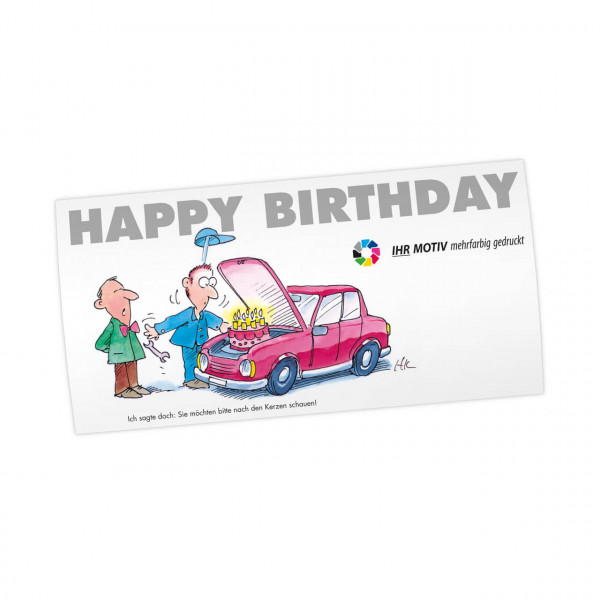 Geburtstags-Maxi-Postkarte, Motiv: Torte im Motorraum