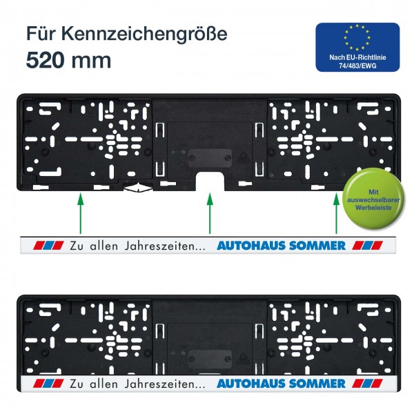 Kennzeichenhalter mit Schiebeverschluss mit mehrfarbigem Druck passend für 520 x 110 mm Kennzeichen