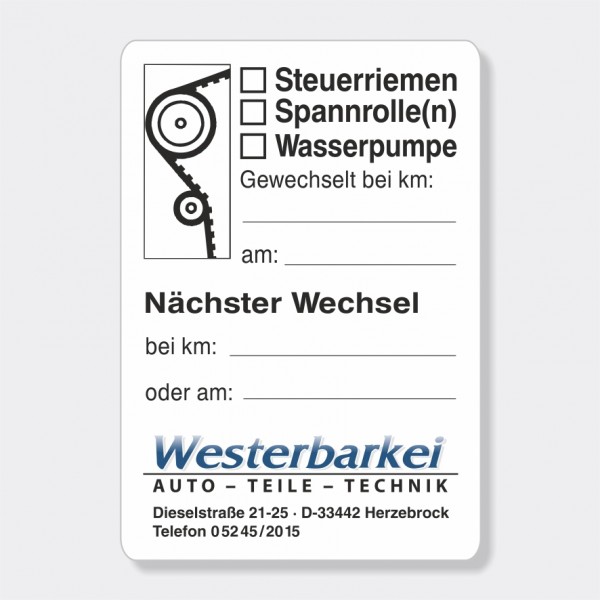 Service-Aufkleber aus PVC-Folie, Größe: 45 x 65 mm, Motiv "Steuerriemen / Spannrolle / Wasserpumpe"