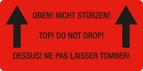 Warn- und Verpackungsetiketten, Motiv Oben! Nicht stürzen! rot