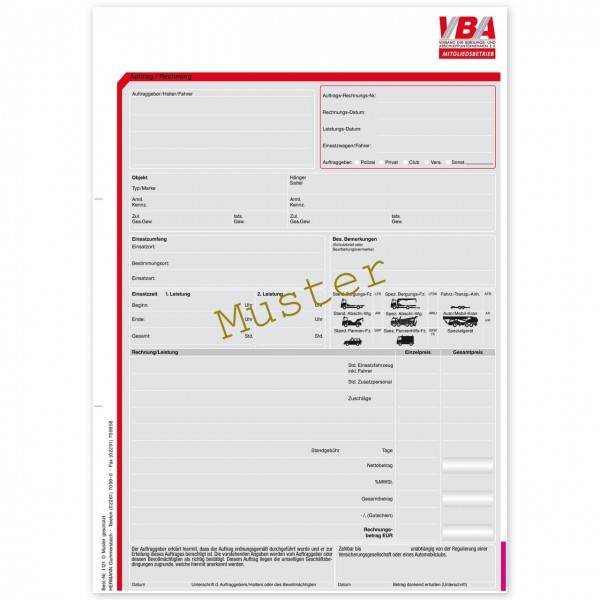 Abschleppauftrag / Rechnung für VBA-Mitgliedsbetriebe. DIN A4