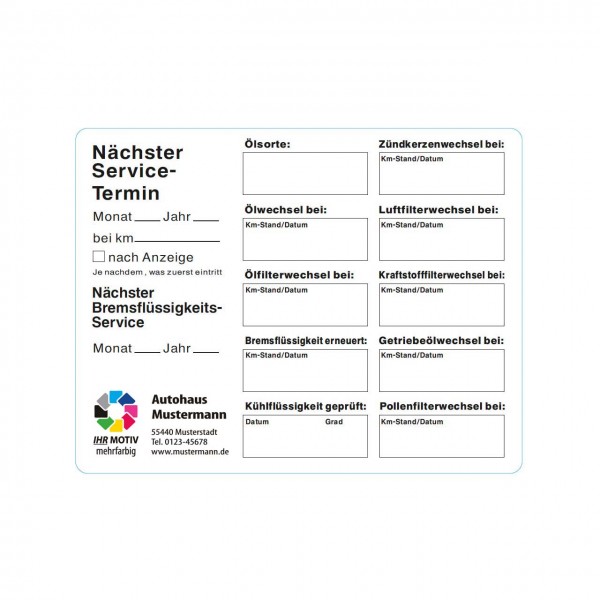 Service-Aufkleber aus PVC-Folie, mit Firmeneindruck, Größe 110 x 85 mm