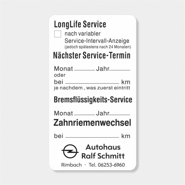 Service-Aufkleber aus PVC-Folie, Größe: 45 x 80 mm, Motiv "Longlife-Service / Bremsfl. / Zahnriemen