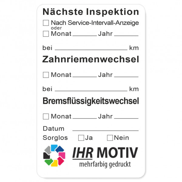 Service-Aufkleber aus PVC-Folie, Größe: 50 x 80 mm, Motiv Inspektion/Zahnriemen/Bremsflüssigkeit