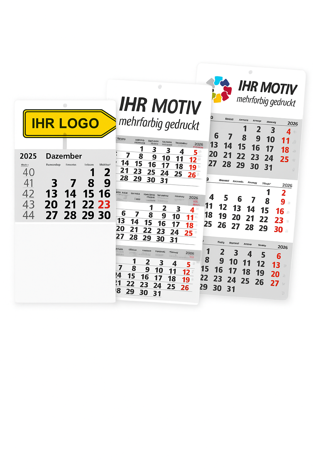 Vier 4-Monatskalender 2026 mit Firmenlogo und Werbeleiste in modernem Design – ideale Wandkalender für langfristige Terminplanung und Unternehmensorganisation