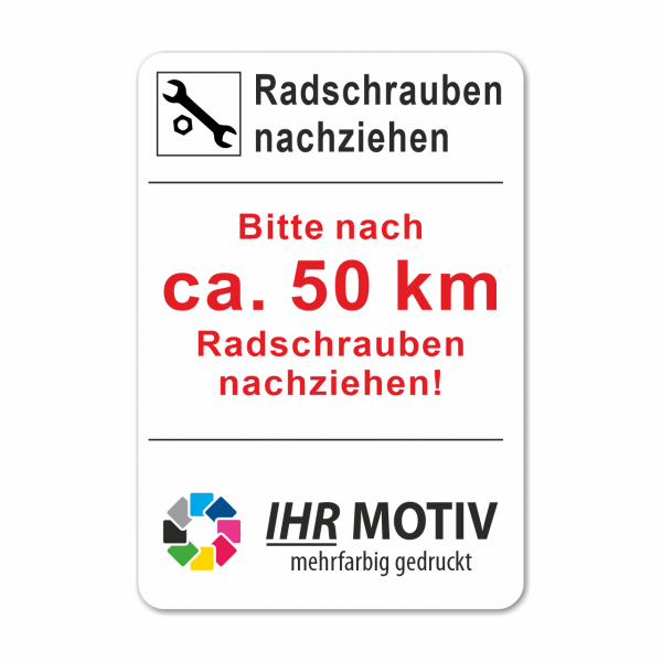 Service-Aufkleber aus PVC-Folie, Größe: 45 x 65 mm, Motiv "Radschrauben 50 km"